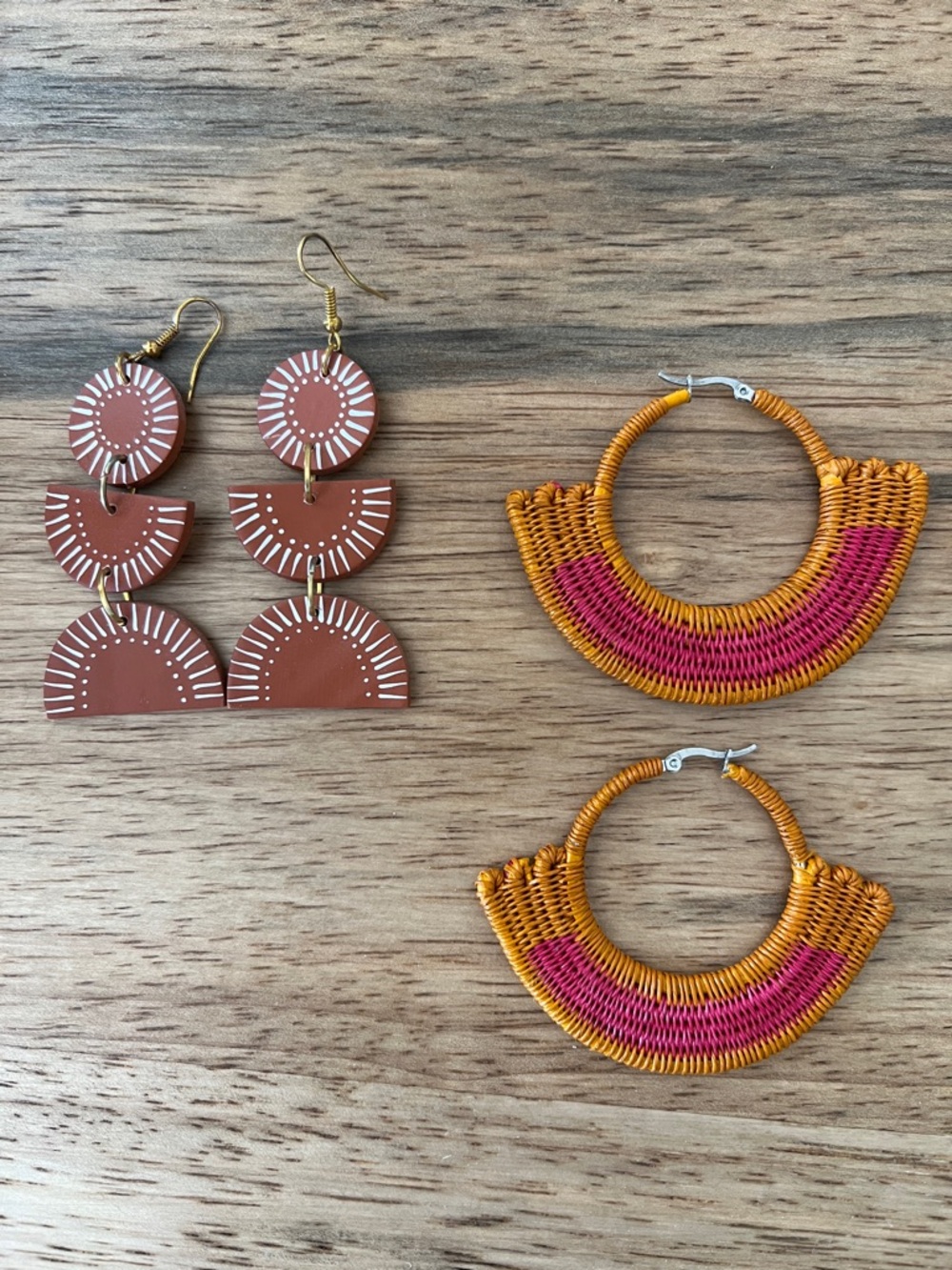 Handmade Clay and Orange-Pink Woven Hoop Earrings - lot of 2 pairs